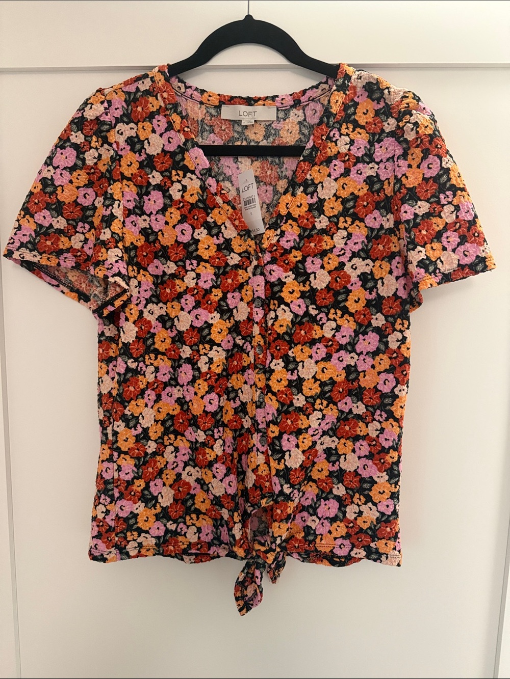 LOFT Black Floral Tie-Front Crop Top with Pink & Orange Blooms